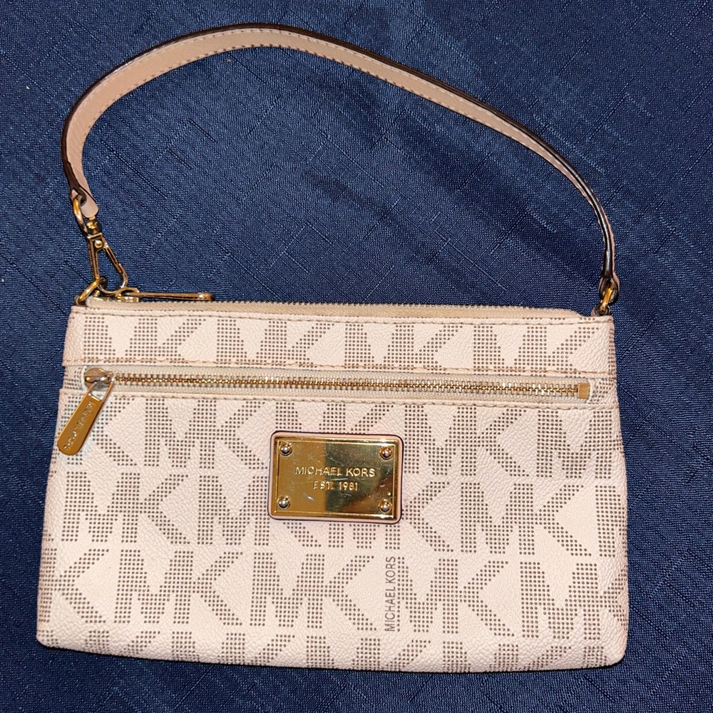 Michael Kors cream with gold logo wristlet